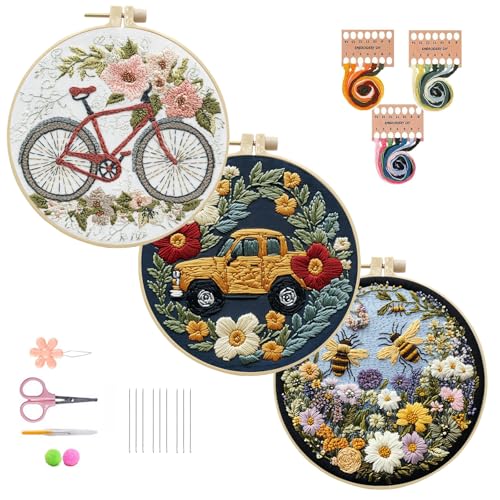 IUHUI 3er-Pack Sticksets für Anfänger und Erwachsene – Radfahren oder Fahren zu Frühlingsblumen, DIY-Handstickerei, 3 Sets mit 3 Reifen (Frühlingsblumen) von IUHUI