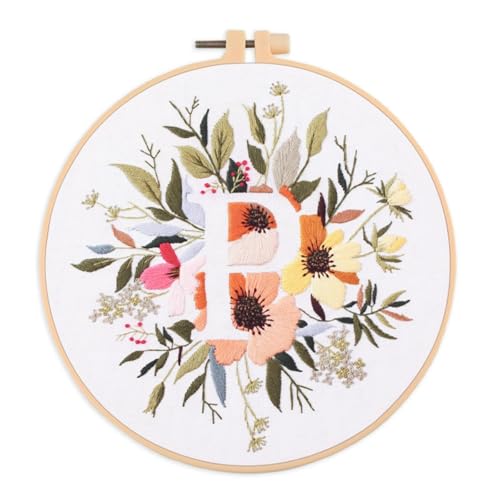 IUHUI Stickset für Anfänger Erwachsene - 26 Blumen Buchstaben Einfache Muster, DIY Handstich Stickerei Set mit Hoop (Blume und Gras Buchstabe P) von IUHUI