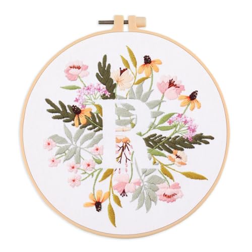 IUHUI Stickset für Anfänger Erwachsene - 26 Blumen Buchstaben Einfache Muster, DIY Handstich Stickerei Set mit Hoop (Blume und Gras Buchstabe R) von IUHUI