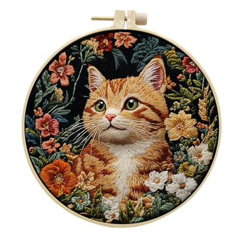IUHUI Stickset für Anfänger Erwachsene - Niedliche Katze Country Ⅰ Muster, DIY Handstich Stickerei Set mit Reifen (Futtersuche Katze Blumen) von IUHUI