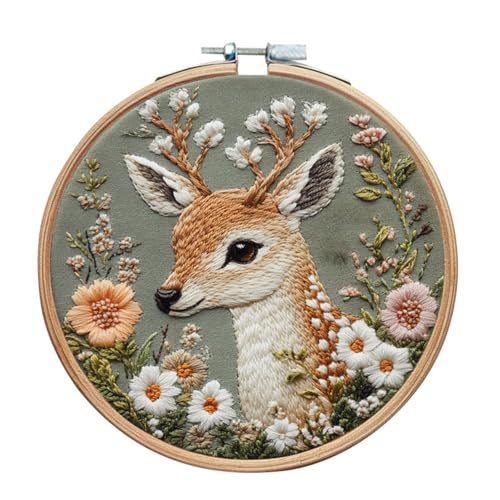IUHUI Stickset für Anfänger Erwachsene - Schöne Tiere Wunderschöne Muster, DIY Handstich Stickerei Set mit Reifen (Rehkitz mit Blumen) von IUHUI