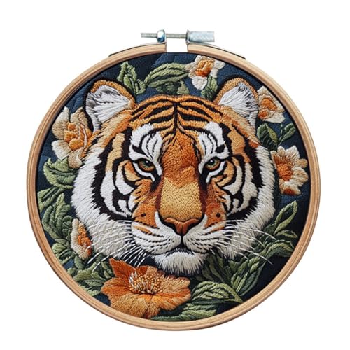 IUHUI Stickset für Anfänger Erwachsene - Schöne Tiere Wunderschöne Muster, DIY Handstich Stickerei Set mit Reifen (Tigerkopf) von IUHUI