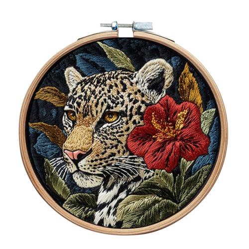 IUHUI Stickset für Anfänger und Erwachsene, schöne Tiere, wunderschöne Muster, DIY Handnähen, Stickset mit Reifen (schwarz gepunkteter Leopard) von IUHUI