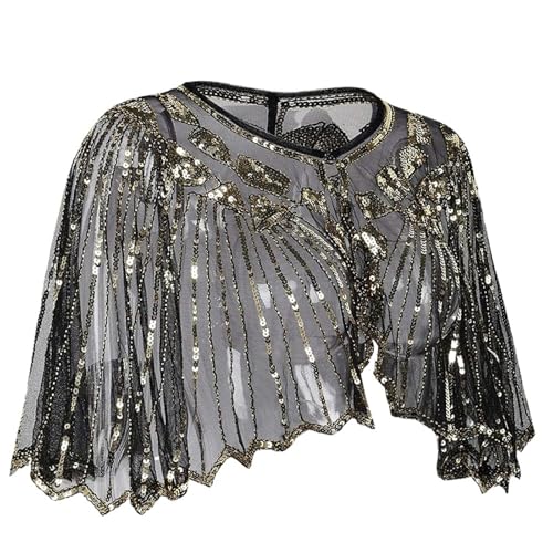 IUVYTA Hochzeitsschal mit Pailletten und Perlen, kurzer Umhang, Perlendekoration, Party, Netzstoff, kurzes Cover-Up-Kleid-Accessoire für Abendparty(Black Gold) von IUVYTA
