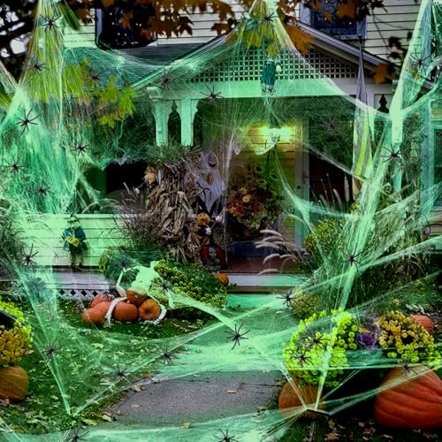 Halloween Spinnennetz Party Dekoration - 200g Leuchtendes Spinnennetz mit 30 Fake Spinnen, Deko für Innen Außen, Häuser, Garten, Spukhaus, 1000 Sqft von IVEOPPE