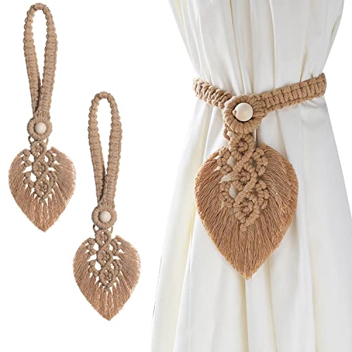IVEOPPE 2 Stück Vorhang Raffhalter Boho Deko - Raffhalter Boho Vorhanghalter, Baumwolle Makramee Gardinenhalter Tiebacks Vorhang Clips Feder Gardinenklammern für Vorhänge Gardinen Deko (Braun) von IVEOPPE