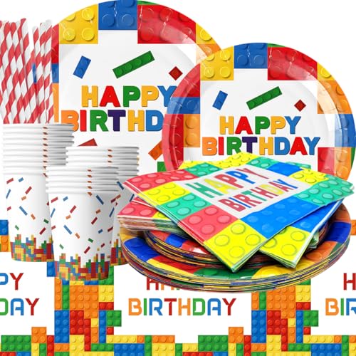 Partygeschirr Kindergeburtstag - 101 Stück Baustein Pappteller Geburtstag Party Teller Set, mit Pappbecher Servietten Tischtücher Papierstrohhalme, für Gebutstag Party Mädchen Junge(20 Gäste) von IVEOPPE