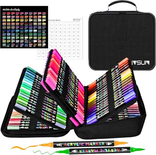 IVSUN 100 Farben Acrylstifte für Steine Wasserfest - Dual Tip Acrylic Marker für Steine Bemalen Holz Leinwand Keramik Glas, 1-5mm Acrylfarben Stifte Acrylmarker Set von IVSUN