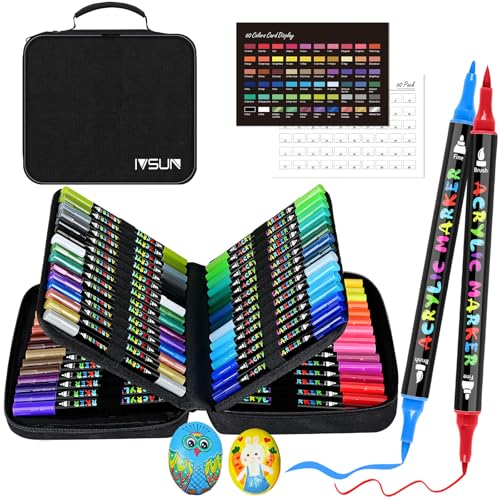 IVSUN 60 Farben Acrylstifte für Steine Wasserfest - Dual Tip Acrylic Marker für Steine Ostereier Bemalen Holz Leinwand Keramik Glas, 1-5mm Acrylfarben Stifte Acrylmarker Set IVSUN 60 Farben Acrylstifte für Steine Wasserfest - Dual Tip Acrylic Marker für Steine Ostereier Bemalen Holz Leinwand Keramik Glas, 1-5mm Acrylfarben Stifte Acrylmarker Set von IVSUN