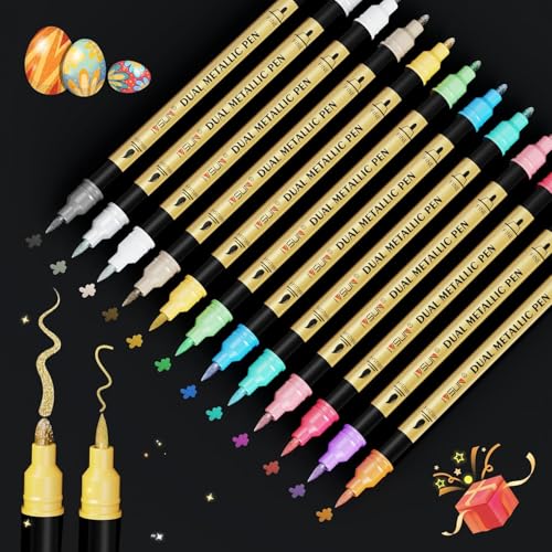 IVSUN Metallic Marker Stifte, 12 Dual Tip Metallic Acrylstifte Wasserfest, Stifte Set für Fotoalbum, Gästebuch Hochzeit, Scrapbook Zubehör, Schwarzes Papier Holz Glas Steine Bemalen, Ostern Basteln IVSUN Metallic Marker Stifte, 12 Dual Tip Metallic Acrylstifte Wasserfest, Stifte Set für Fotoalbum, Gästebuch Hochzeit, Scrapbook Zubehör, Schwarzes Papier Holz Glas Steine Bemalen, Ostern Basteln von IVSUN