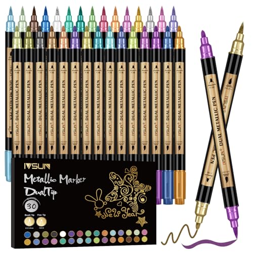 IVSUN Metallic Marker Stifte Set, 30 Dual tip Metallic Acrylstifte Wasserfest für Fotoalbum Gästebuch Hochzeit Scrapbook Schwarzes Papier Gold Stift zum Bemalen Steine Glas Holz Deko Ostereier Ostern von IVSUN