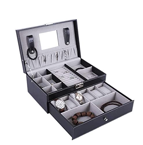 IWENZHKPA SchmuckkäStchen Jewellery Box Uhrenbox Aus Leder, Schwarz, Schmuckschatulle Mit Schublade, Abschließbare Brillenaufbewahrungsvitrine, Doppellagig. Schmuckaufbewahrung(A) von IWENZHKPA
