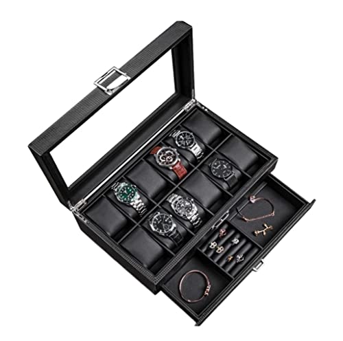 IWENZHKPA Uhrenbox Herren Uhrenbox, Ohrringe, Halskette, Leder, Schublade, Aufbewahrungsbox Mit Verschluss, Transparente Glasabdeckung Uhren Aufbewahrungsbox(12 Epitope) von IWENZHKPA