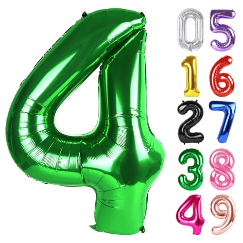 Dunkelgrüner Ballon Zahl 4 40 Zoll, 4 Geburtstag Party Dekorationen für Kinder, Riesen Glitzer 4 Form Folienballon für Partybedarf von IWERP