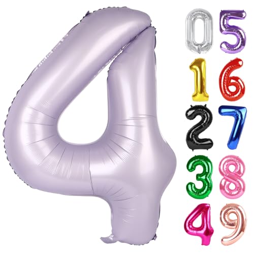 Flieder Luftballon Zahl 4 40 Zoll, 4 Geburtstag Party Dekorationen für Kinder, Riesen Glitzer 4 Form Folienballon für Partybedarf von IWERP
