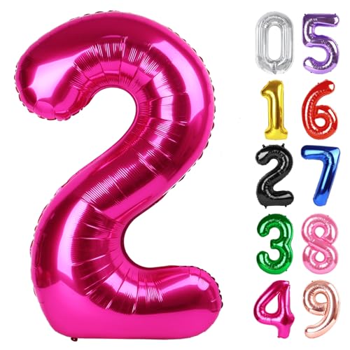 Hot Pink Luftballon Zahl 2 101.6 cm, 2 Geburtstag Deko für Kleinkind Mädchen Jungen, Funkelnde 2 Zahlenballon Party Decor von IWERP