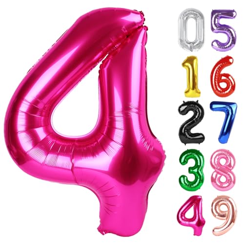 Hot Pink Luftballon Zahl 4 40 Zoll, 4 Geburtstag Party Dekorationen für Kinder, Riesen Glitzer 4 Form Folienballon für Partybedarf von IWERP