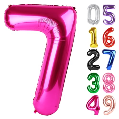 Hot Pink Luftballon Zahl 7 40 Zoll, 7 Geburtstag Party Dekorationen für Kinder, Riesen Glitzer 7 Form Folienballon für Party Supplies von IWERP