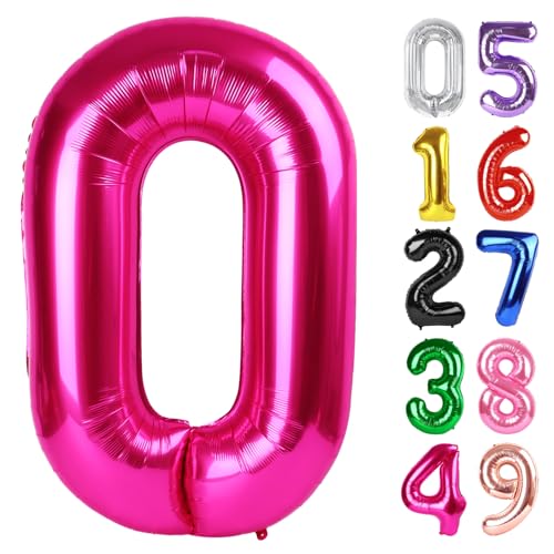 Hot Pink Zahl 0 Ballon 40 Zoll, 0 Ballon Zahl für 10. 20. 30. 40. 50. 60. Geburtstag Dekorationen, Hot Pink Party Supplies von IWERP