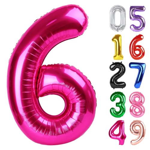Hot Pink Zahl 6 Luftballon 40 Zoll, 6 Geburtstag Party Dekorationen für Kinder, Riesen Glitzer 6 Form Folienballon für Partybedarf von IWERP