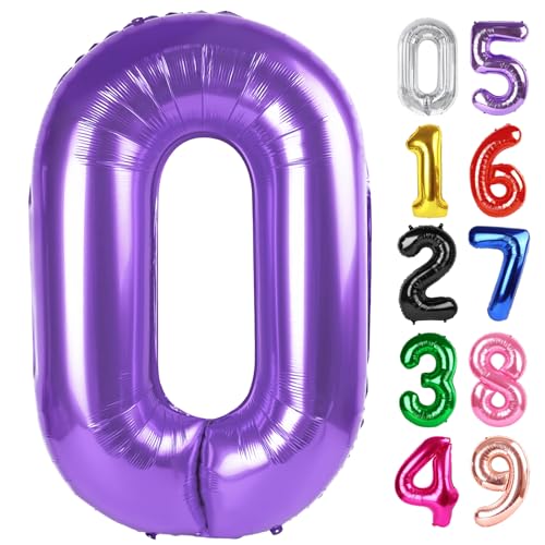 Lila Ballon Zahl 0 40 Zoll, 0 Ballon Zahl für 10. 20. 30. 40. 50. 60. Geburtstag Dekorationen, Lila Partyzubehör von IWERP