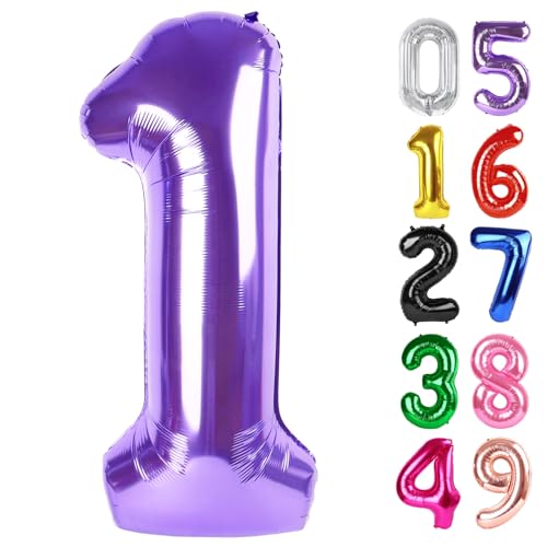 Lila Ballon Zahl 1 40 Zoll, 1. Geburtstag Ballon für Baby Junge Mädchen Kleinkind Erster Geburtstag Dekorationen, Glänzend Lila Party Supplies von IWERP