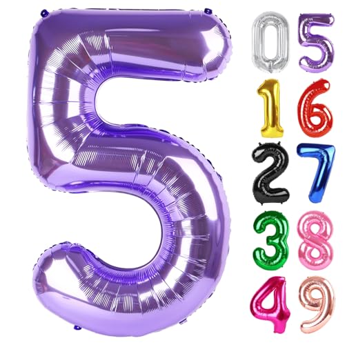 Lila Luftballon Zahl 5 101.6 cm 5 Geburtstag Party Dekorationen für Kinder, Riesen Glitzer 5 Form Folienballon für Partybedarf von IWERP