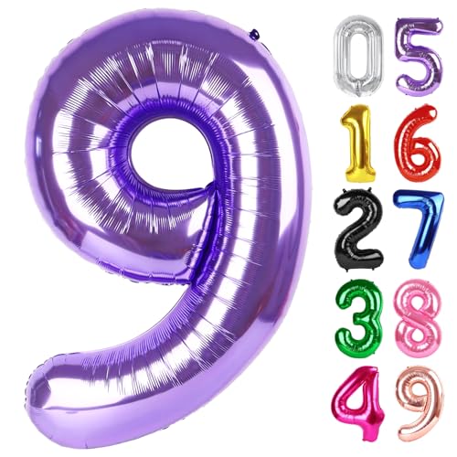 Lila Luftballon Zahl 9 101.6 cm 9 Geburtstag Party Dekorationen für Kinder, Riesen Glitzer 9 Form Folienballon für Partybedarf von IWERP