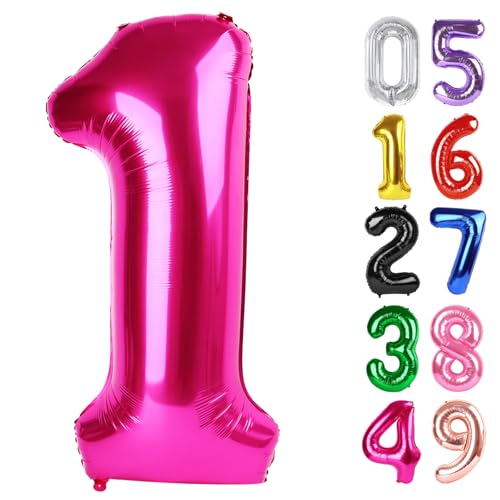 Luftballon Zahl 1 101.6 cm Hot Pink 1. Geburtstag Ballon für Baby Junge Mädchen Kleinkind Erster Geburtstag Dekorationen, Glänzendes Hot Pink Party Supplies von IWERP