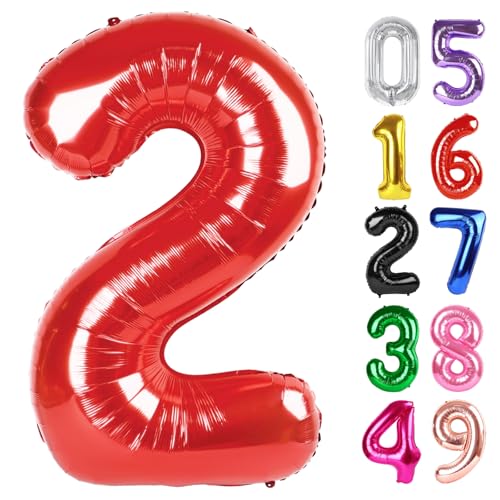 Luftballon Zahl 2 Rot 101.6 cm, 2 Geburtstag Deko für Kleinkind Mädchen Jungen, Funkelnde 2 Zahlenballon Party Decor von IWERP