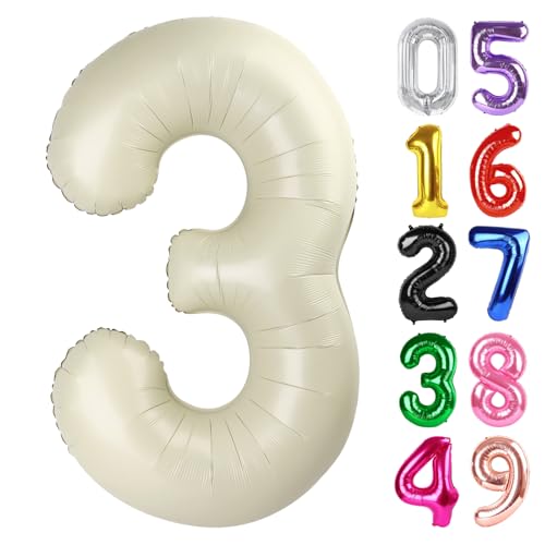 Luftballon Zahl 3 Creme 40 Zoll 3 Geburtstag Party Dekorationen für Kinder, Riesen Glitzer 3 Form Folienballon für Partybedarf von IWERP