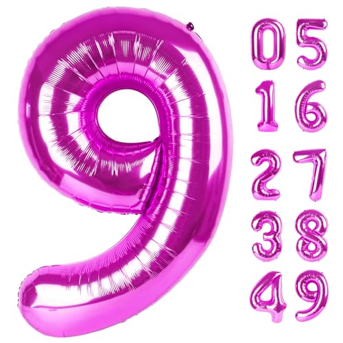 Luftballon mit Zahl 9, Rosy Violett, 101,6 cm, 9. Riesen-Geburtstagsdekoration für Mädchen, 19. und 29. Geburtstag, Party-Dekorationen, Zubehör, Zahl 9 Ballon von IWERP