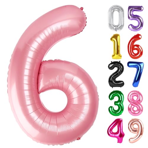 Perlglanz-Rosa Luftballon Zahl 6 101.6 cm 6 Geburtstag Party Dekorationen für Kinder, Riesen Glitzer 6 Form Folienballon für Partybedarf von IWERP