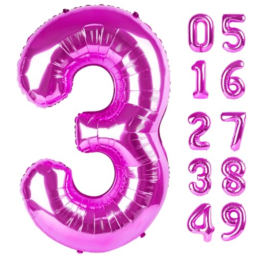 Rosy Purple 3 Ballon, Zahlenballons 101,6 cm, 3. Geburtstag Dekorationen für Kinder, Mädchen, Frauen, Partyzubehör für Partydekorationen, Zahl 3 Ballon von IWERP