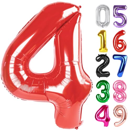Rot Ballon Zahl 4 40 Zoll, 4 Geburtstag Party Dekorationen für Kinder, Riesen Glitzer 4 Form Folienballon für Partybedarf von IWERP