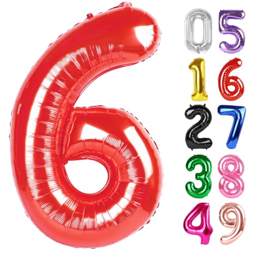Rot Ballon Zahl 6 40 Zoll, 6 Geburtstag Party Dekorationen für Kinder, Riesen Glitzer 6 Form Folienballon für Partybedarf von IWERP