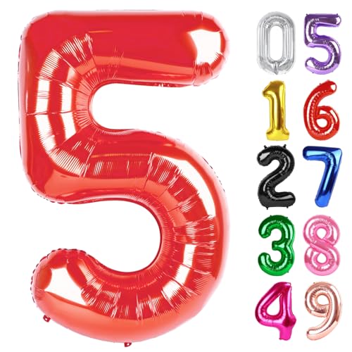 Rot Luftballon Zahl 5 40 Zoll, 5 Geburtstag Party Dekorationen für Kinder, Riesen Glitzer 5 Form Folienballon für Party Supplies von IWERP