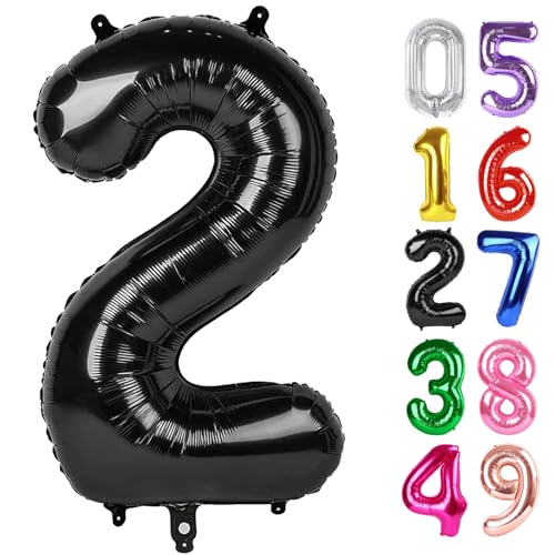 Schwarz Luftballon Zahl 2 40 Zoll, 2 Geburtstag Deko für Kleinkind Mädchen Jungen, Funkelnde 2 Zahlenballon Party Decor von IWERP
