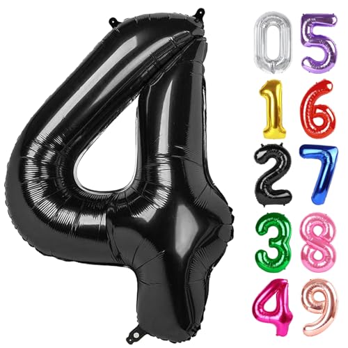 Schwarz Luftballon Zahl 4 40 Zoll, 4 Geburtstag Party Dekorationen für Kinder, Riesen Glitzer 4 Form Folienballon für Partybedarf von IWERP