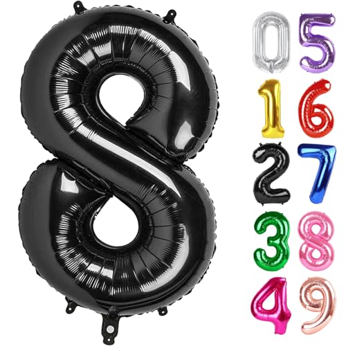 Schwarz Luftballon Zahl 8 40 Zoll, 8 Geburtstag Party Dekorationen für Kinder, Riesen Glitzer 8 Form Folienballon für Party Supplies von IWERP