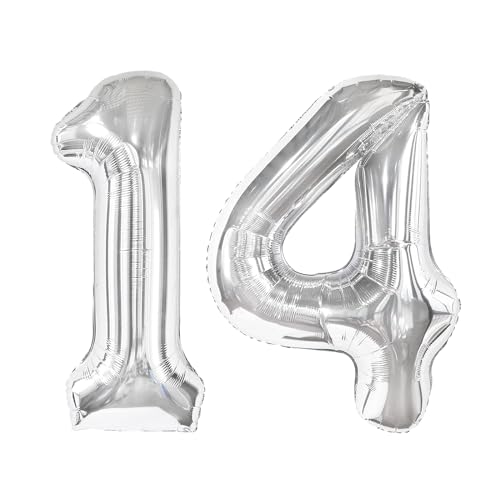 Silberner Ballon mit Zahl 14, 101,6 cm, 14 Zahlenballons, 14. silberne Geburtstagsdekorationen für Mädchen, Jungen, Kinder, 14 Jahre altes Partyzubehör von IWERP