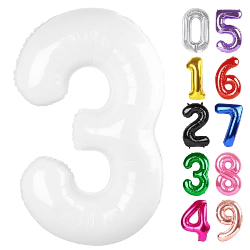 Weißer Ballon Zahl 3 40 Zoll, 3 Geburtstag Party Dekorationen für Kinder, Riesen Glitzer 3 Form Folienballon für Party Supplies von IWERP