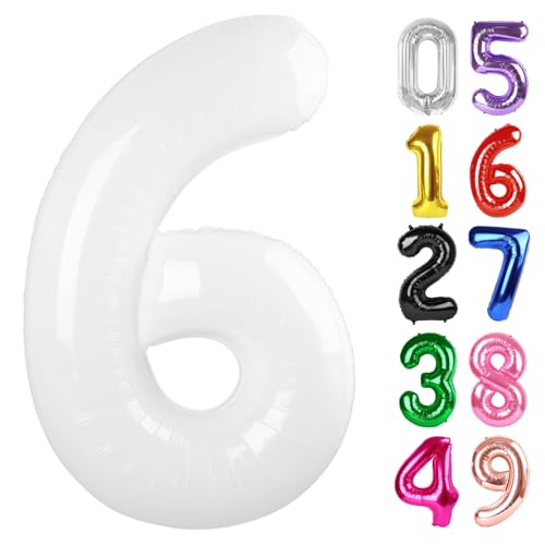 Weißer Ballon Zahl 6 101.6 cm 6 Geburtstag Party Dekorationen für Kinder, Riesen Glitzer 6 Form Folienballon für Partybedarf von IWERP