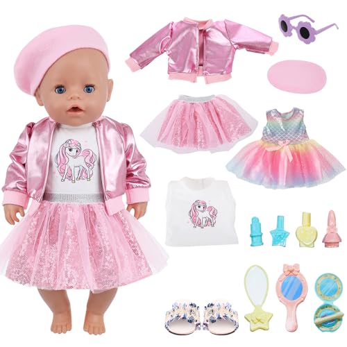 Kleidung Outfits für Baby Puppen 35-43cm, Baby Puppen Puppenkleidung mit Brille Make-up Spielzeugset Hausschuhe, Puppenkleidung für Baby Puppen für Kinder Mädchen(Puppe Nicht enthalten) von IWILCS