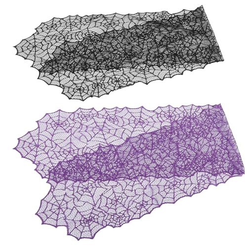 IWOWHERO 2 Stück Teiliges Gehäkelte Spitze Spinnennetz Tischflaggen Halloween Weihnachtsdeko Violett Schwarz Knitterfest Formstabil Festliche Tischdekoration für Halloween Party und von IWOWHERO