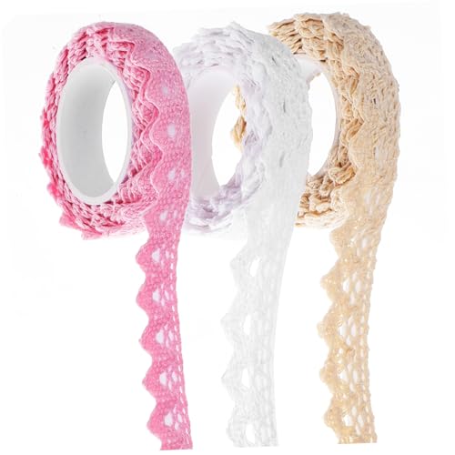 IWOWHERO 3 Rollen Vintage-Scrapbooking-Klebeband Spitzenband zum Verzieren dekorative Bandspitze für handwerkliche Dekoration farbig Bastelspitzenbänder Partydekoration Spitze Baumwolle von IWOWHERO