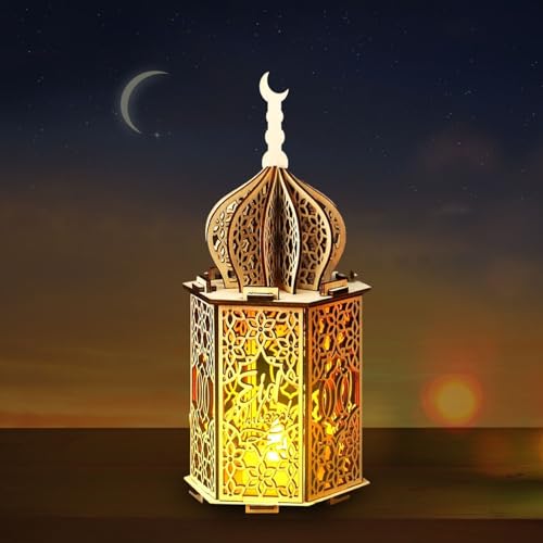 IWTBNOA Ramadan Deko Laterne, Ramadan Holz DIY Lampe Licht, Eid Mubarak Dekoration Laterne, Eid Festival Dekoratives Licht Mond Stern Dekoration, Ramadan Lantern für Muslimische Festival Dekorative von IWTBNOA