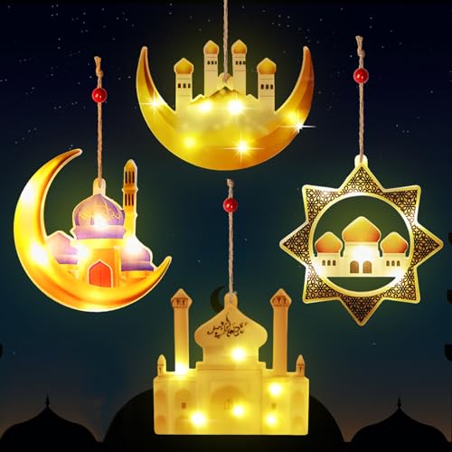IWTBNOA Ramadan Dekorative Fee Licht, 4Pcs Eid Mubarak Licht, LED Muslim Ramadan Lichter, Islam Mubarak Dekoration Halbmond Nachtlicht, Eid Mubarak Dekoration Lichterketten Für Ramadan Deko Geschenke von IWTBNOA