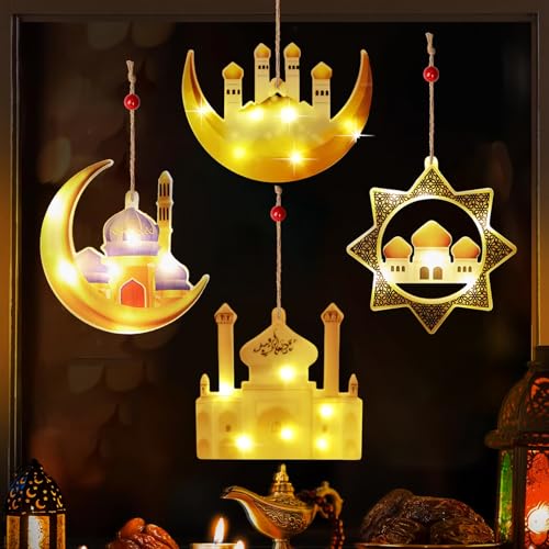 IWTBNOA Ramadan Dekorative Fee Licht, 4Pcs Eid Mubarak Licht, LED Muslim Ramadan Lichter, Islam Mubarak Dekoration Halbmond Nachtlicht, Eid Mubarak Dekoration Lichterketten Für Ramadan Deko Geschenke von IWTBNOA