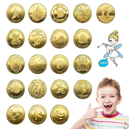 IWTBNOA Zahnfee Münzen, 20 Stück Tooth Fairy Coins, Zahnfee Goldtaler mit Verschiedenen Mustern, Gold Zahnfee Münze, Zahnfee Geschenk Münzen, Zahnfee Münze Gold, Zahnfee Geschenke für Mädchen Junge von IWTBNOA